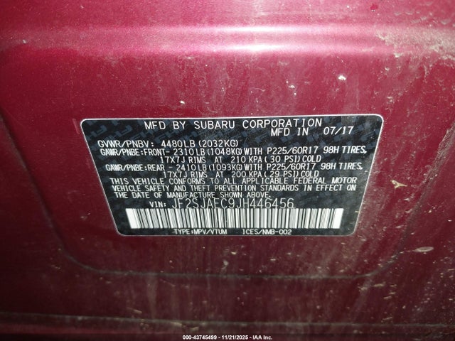 2018 Subaru Forester 2.5i Premium მანქანა იყიდება აუქციონზე, vin: JF2SJAEC9JH446456, აუქციონის ნომერი: 43745499