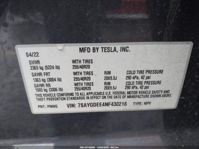 2022 TESLA MODEL Y 7SAYGDEE4NF430216 Photo 8