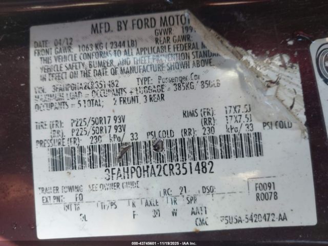 2012 FORD FUSION 3FAHP0HA2CR351482 Photo 8