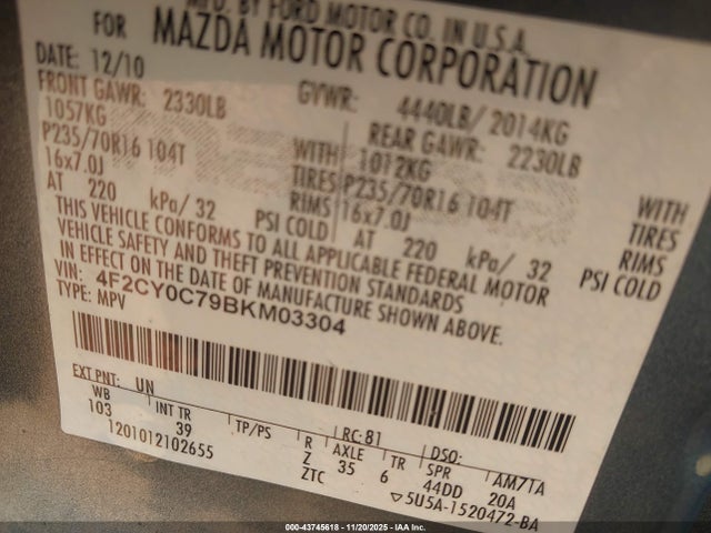 Aukcja sprzedaży 2011 Mazda Tribute I Sport, vin: 4F2CY0C79BKM03304, numer aukcji: 43745618