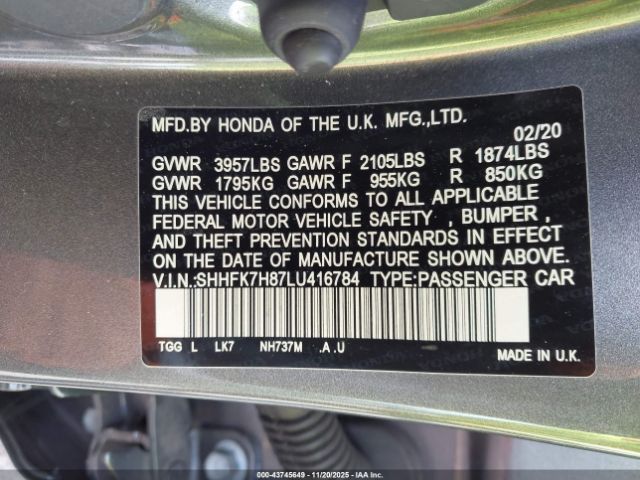 2020 HONDA CIVIC SHHFK7H87LU416784 Photo 8