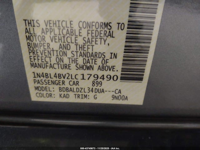 Aukcja sprzedaży 2020 Nissan Altima S Fwd, vin: 1N4BL4BV2LC179490, numer aukcji: 43745673