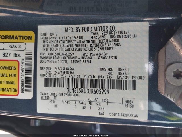 3LN6L5KU3JR605299 Lincoln Mkz Hybrid Premiere