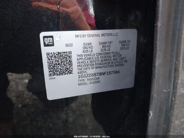 1G1ZD5ST8NF157384 Chevrolet Malibu Fwd Lt