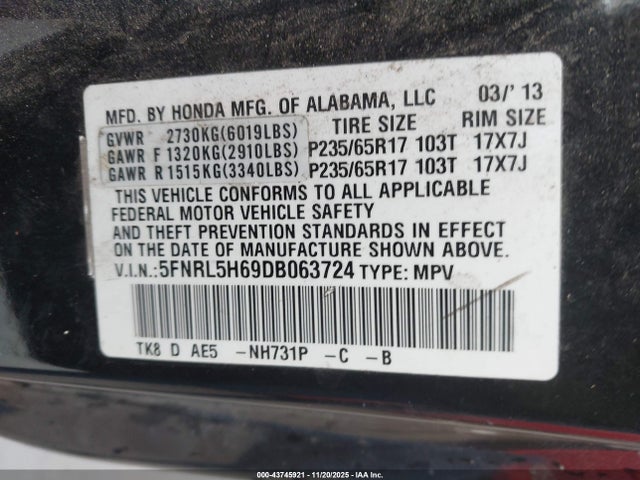 2013 HONDA ODYSSEY 5FNRL5H69DB063724 Photo 8