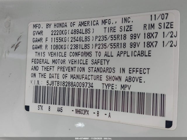 2008 ACURA RDX 5J8TB18288A009734 Photo 8