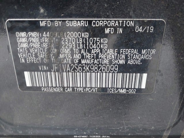 43746087 :رقم المزاد ، JF1VA2S63K9826099 vin ، 2019 Subaru Wrx Sti مزاد بيع