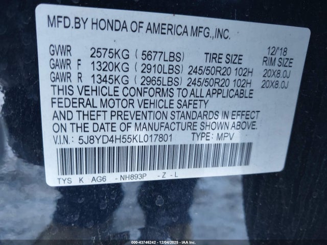 2019 Acura Mdx Tech Pkg მანქანა იყიდება აუქციონზე, vin: 5J8YD4H55KL017801, აუქციონის ნომერი: 43746242
