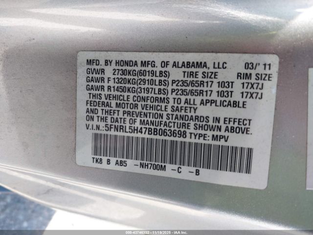 2011 HONDA ODYSSEY 5FNRL5H47BB063698 Photo 8