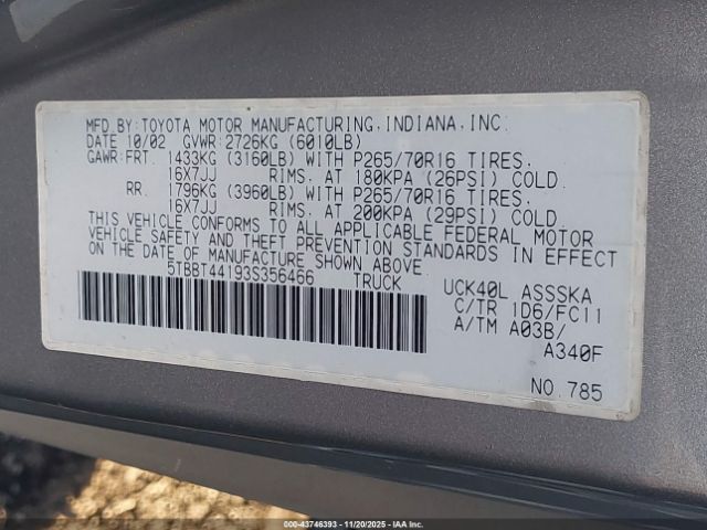 2003 TOYOTA TUNDRA 5TBBT44193S356466 Photo 8