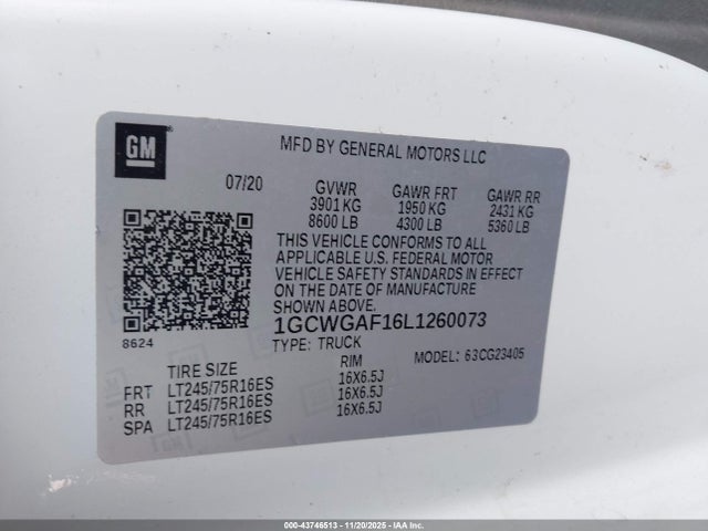 Auction sale of the 2020 Chevrolet Express Cargo Rwd 2500 Regular Wheelbase Wt, vin: 1GCWGAF16L1260073, lot number: 43746513