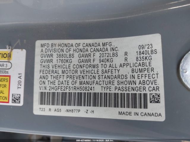 2024 HONDA CIVIC 2HGFE2F51RH508241 Photo 8