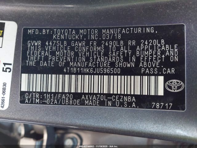 2018 TOYOTA CAMRY 4T1B11HK6JU596500 Photo 8