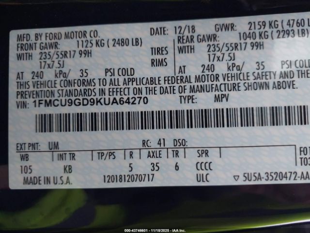 2019 FORD ESCAPE 1FMCU9GD9KUA64270 Photo 8