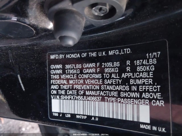 Продажа на аукционе авто 2018 Honda Civic Ex, vin: SHHFK7H56JU406637, номер лота: 43746608