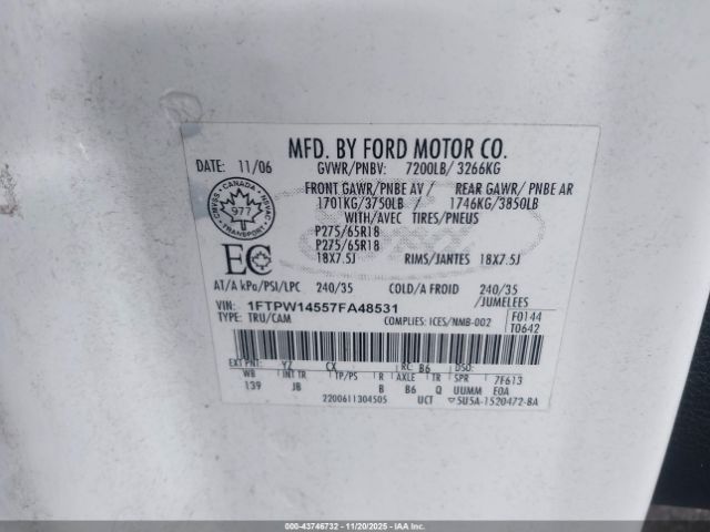 2007 FORD F-150 1FTPW14557FA48531 Photo 8