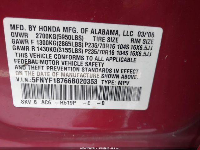 2006 HONDA PILOT 5FNYF18766B020353 Photo 8
