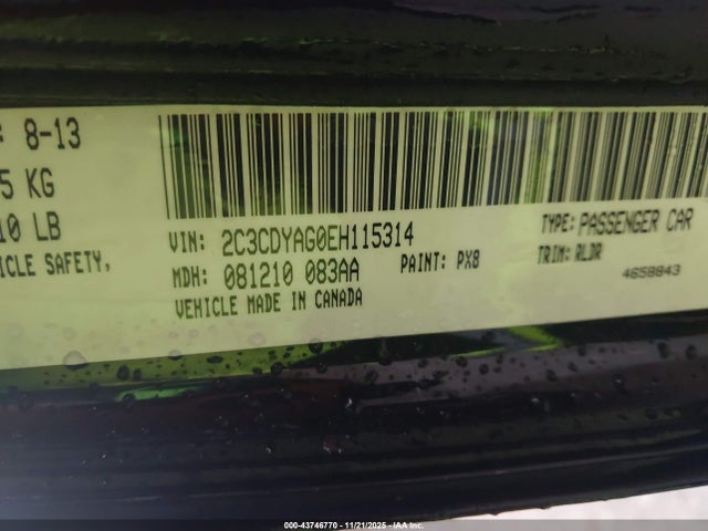 43746770 :رقم المزاد ، 2C3CDYAG0EH115314 vin ، 2014 Dodge Challenger Sxt Plus مزاد بيع