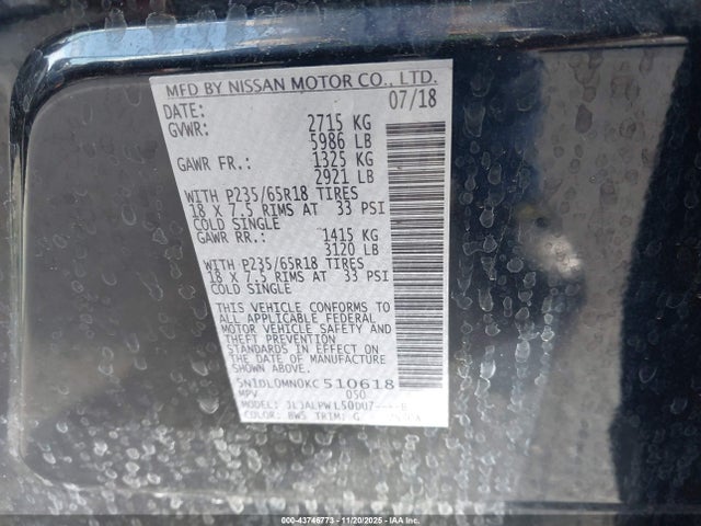 43746773 :رقم المزاد ، 5N1DL0MN0KC510618 vin ، 2019 Infiniti Qx60 Pure مزاد بيع