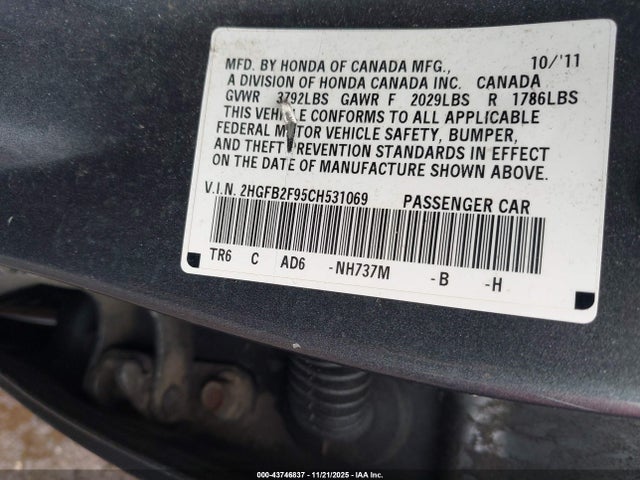 Продажа на аукционе авто 2012 Honda Civic Ex-l, vin: 2HGFB2F95CH531069, номер лота: 43746837