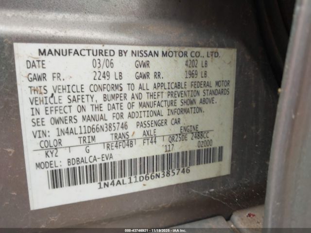 2006 NISSAN ALTIMA 1N4AL11D66N385746 Photo 8