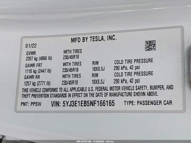 Продажа на аукционе авто 2022 Tesla Model 3 Long Range Dual Motor All-wheel Drive, vin: 5YJ3E1EB5NF166165, номер лота: 43747196