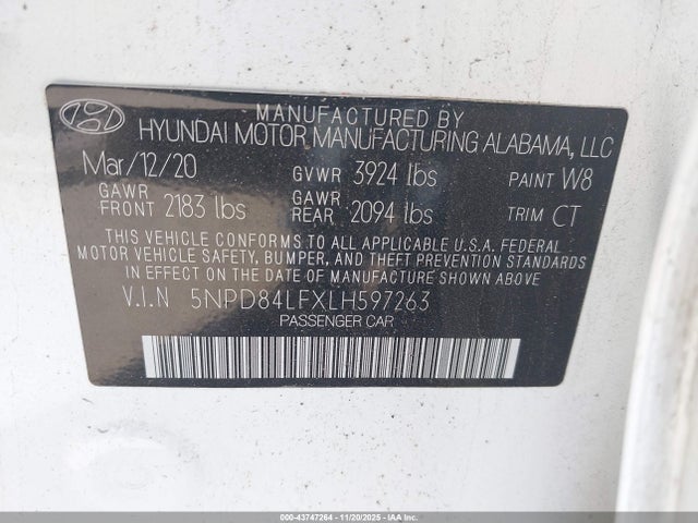 Продажа на аукционе авто 2020 Hyundai Elantra Sel, vin: 5NPD84LFXLH597263, номер лота: 43747264