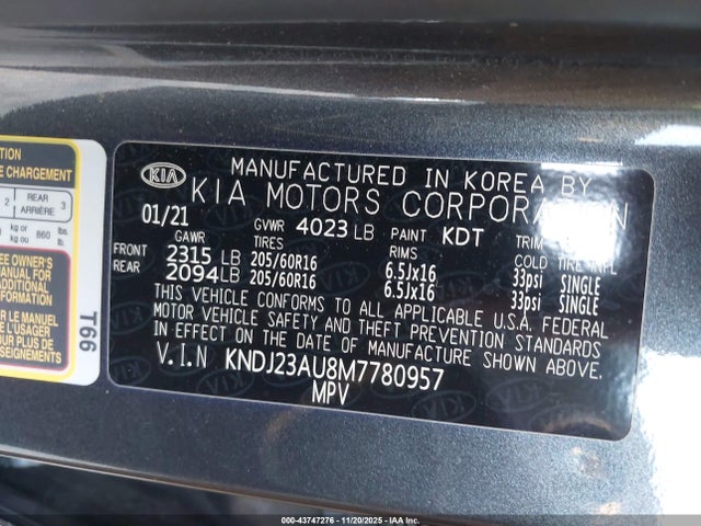 43747276 :رقم المزاد ، KNDJ23AU8M7780957 vin ، 2021 Kia Soul S مزاد بيع