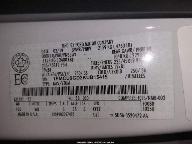 2019 FORD ESCAPE 1FMCU9GD2KUB15415 Photo 8