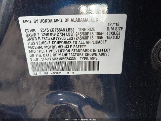 5FNYF5H31KB024339 Honda Pilot Ex