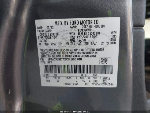 2012 FORD ESCAPE 1FMCU9D72CKB83788 Photo 8