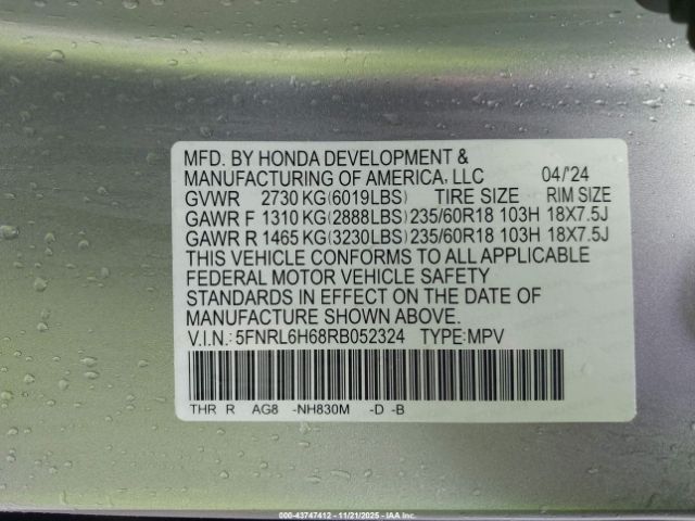 2024 HONDA ODYSSEY 5FNRL6H68RB052324 Photo 8