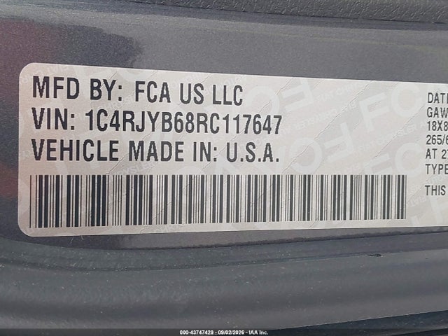Aukcja sprzedaży 2024 Jeep Grand Cherokee 4xe, vin: 1C4RJYB68RC117647, numer aukcji: 43747429