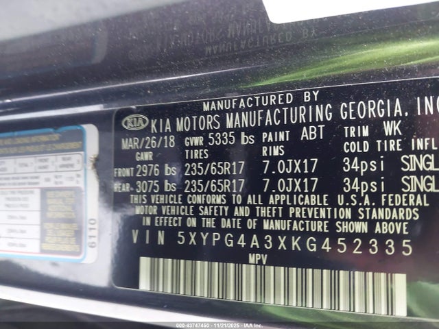 5XYPG4A3XKG452335 KIA Sorento 2.4l Lx