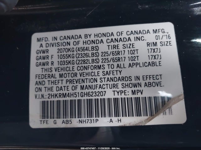 2HKRM4H51GH623207 Honda CR-V EX