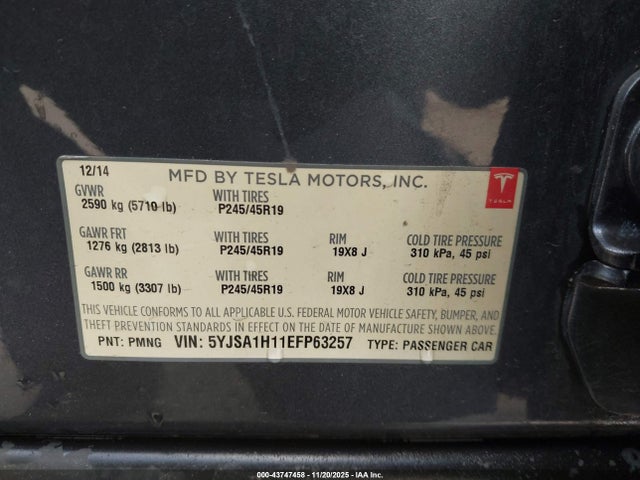 2014 TESLA MODEL S 5YJSA1H11EFP63257 Photo 8