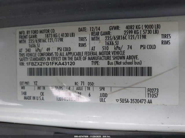 1FBZX2YG1FKA43120 Ford Transit-350 Xl