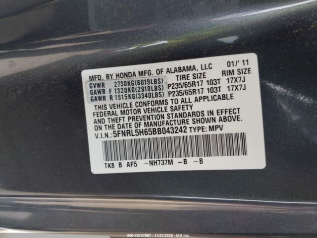 2011 HONDA ODYSSEY 5FNRL5H65BB043242 Photo 8