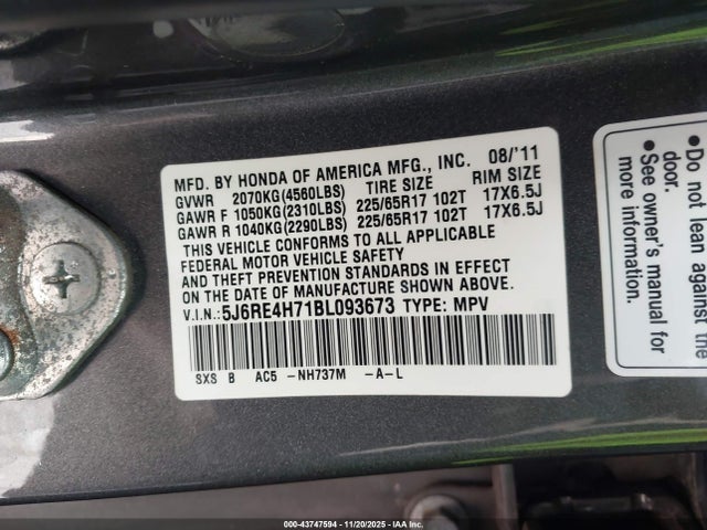 Aukcja sprzedaży 2011 Honda Cr-v Ex-l, vin: 5J6RE4H71BL093673, numer aukcji: 43747594