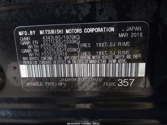 Продажа на аукционе авто 2018 Mitsubishi Outlander Sport 2.0 Le, vin: JA4AR3AU6JU009819, номер лота: 43747610