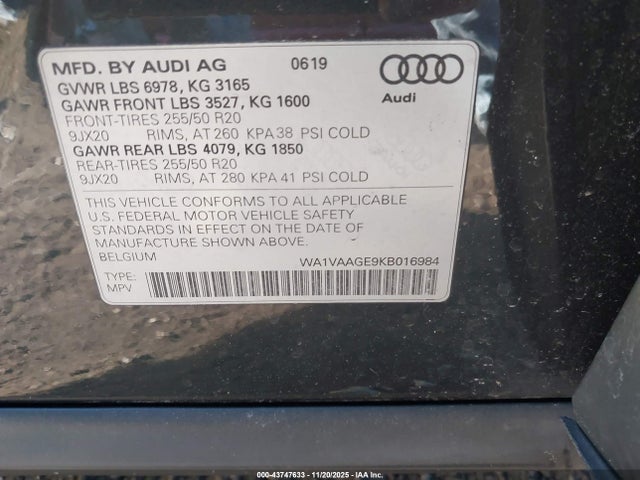 Продажа на аукционе авто 2019 Audi E-tron Premium Plus, vin: WA1VAAGE9KB016984, номер лота: 43747633