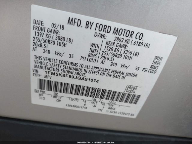2018 FORD EXPLORER 1FM5K8F89JGA91074 Photo 8