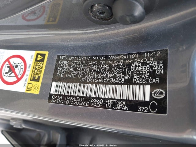 43747647 :رقم المزاد ، JTHBK1GG6D2036408 vin ، 2013 Lexus Es 350 مزاد بيع