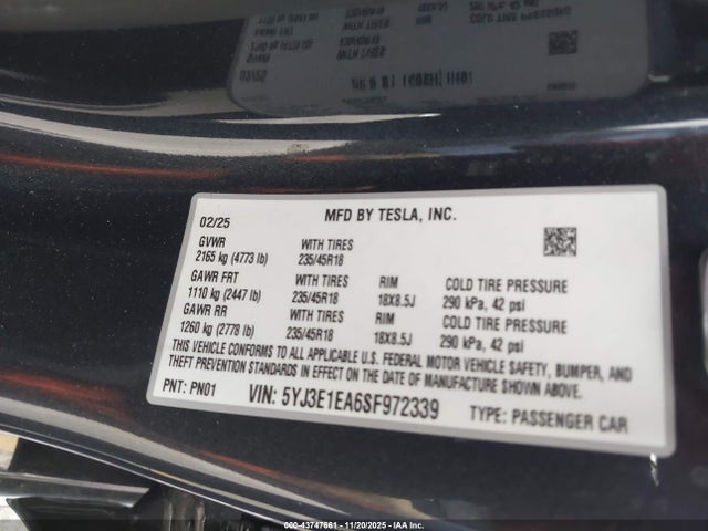 2025 TESLA MODEL 3 5YJ3E1EA6SF972339 Photo 8