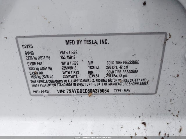 Продаж на аукціоні авто 2025 Tesla Model Y Long Range Dual Motor Rear-wheel Drive, vin: 7SAYGDED5SA375064, номер лоту: 43747686
