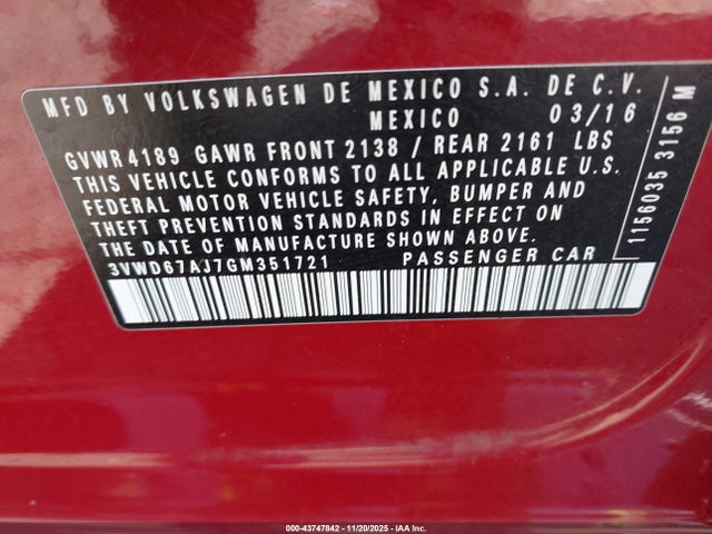 3VWD67AJ7GM351721 Volkswagen Jetta 1.4t Se