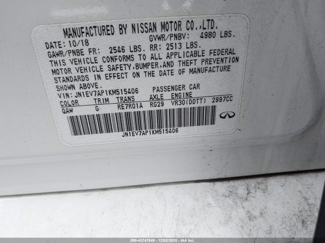 Продажа на аукционе авто 2019 Infiniti Q50 3.0t Luxe, vin: JN1EV7AP1KM515406, номер лота: 43747849