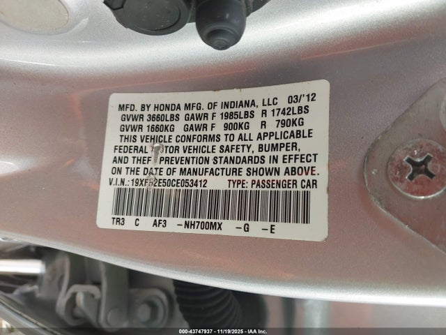 Aukcja sprzedaży 2012 Honda Civic Lx, vin: 19XFB2E50CE053412, numer aukcji: 43747937