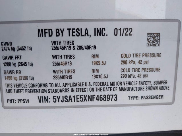 2022 TESLA MODEL S 5YJSA1E5XNF468973 Photo 8