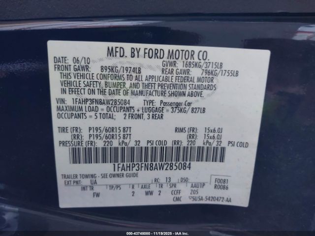 2010 FORD FOCUS 1FAHP3FN8AW285084 Photo 8